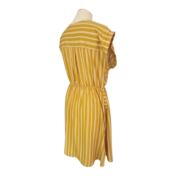 Monteau Mustard & White Striped Mini Dress | Flutter Sleeve V-Neck Size M - Picture 5 of 8